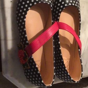 Flats with strawberry Velcro. Size 6 or 36. Runs a tad small. ModCloth